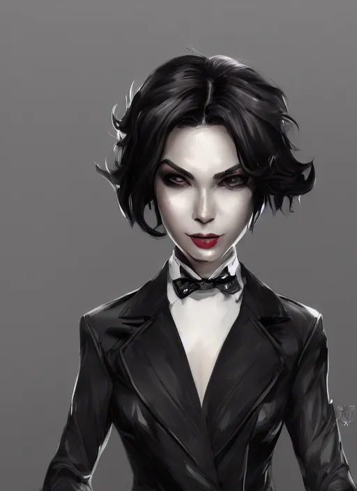 Image similar to a highly detailed illustration of beautiful short black messy haired woman wearing single eyepatch and noir style suit and tie, dramatic smiling pose, intricate, elegant, highly detailed, centered, digital painting, artstation, concept art, smooth, sharp focus, league of legends concept art, WLOP
