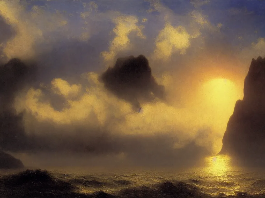 Prompt: Island at the edge of the universe, Kauai, Sunlight Study, by Albert Bierstadt and Ivan Aivazovsky, Art Nouveau, 8k