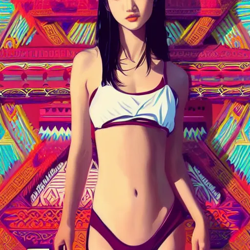 Image similar to a beautiful young japanese natalie portman alluring gravure model, stylized concept art, wearing elegant designer bomber jacket and one piece bikini, bomber jacket with mesoamerican patterns, mesoamerican native street fashion, princess mononoke, painted by ilya kuvshinov aesthetic, gorgeous, stunning, alluring, attractive, artstation, pinterest, digital art