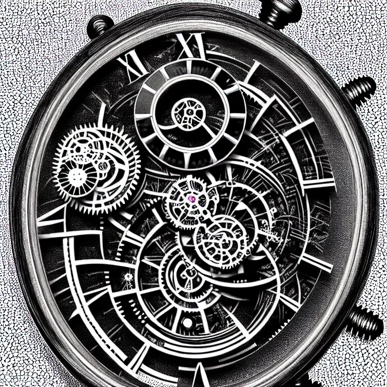 Image similar to a black and white drawing of variety of sea life and mechanical gears cogs inside a watch, a microscopic photo by ernst haeckel, zbrush central, kinetic pointillism, intricate patterns, photoillustration