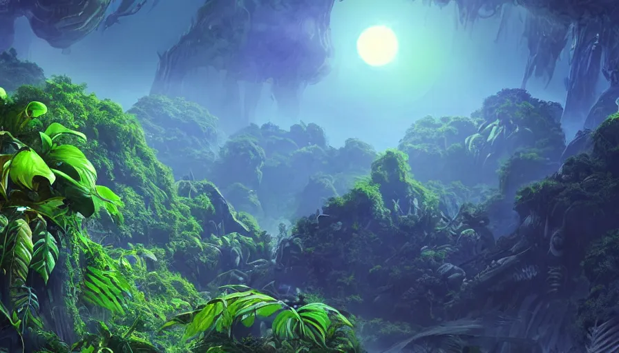 Image similar to Alien planet with a blue jungle and a green sun, hyperdetailed, artstation, cgsociety, 8k