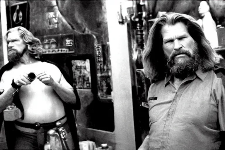 Prompt: Jeff Bridges from The Big Lebowski, bowling, in the Mos Eisley Cantina from Star Wars