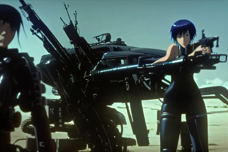 Image similar to masamune shirow movie still from ghost in the shell dieselpunk mad max mustang mach 1 with guns installed makoto shinkai takashi takeuchi studio ghibli, akihiko yoshida