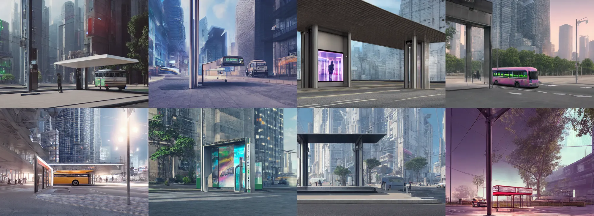 Prompt: a beautiful hyper realistic photograph, octane render, cyberpunk bus stop, by norman foster + tadao ando, extremely detailed, chartpak ad markers, pastel color scheme, 8 k,