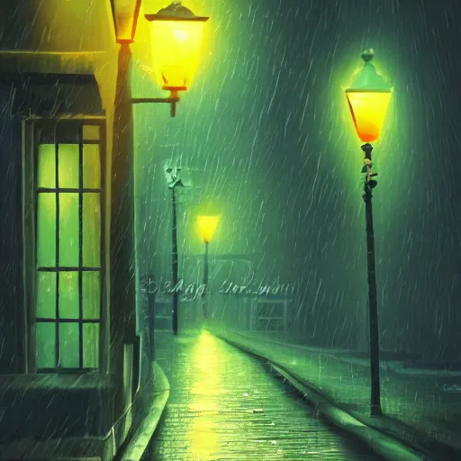 Image similar to a cute orange tabby cat with green on an old street, it is night and raining, street lamps are illuminating the street, moody lighting, peaceful atmosphere, digital art, highly detailed, high contrast, beautiful lighting, award winning, trending on art station, 8 k,