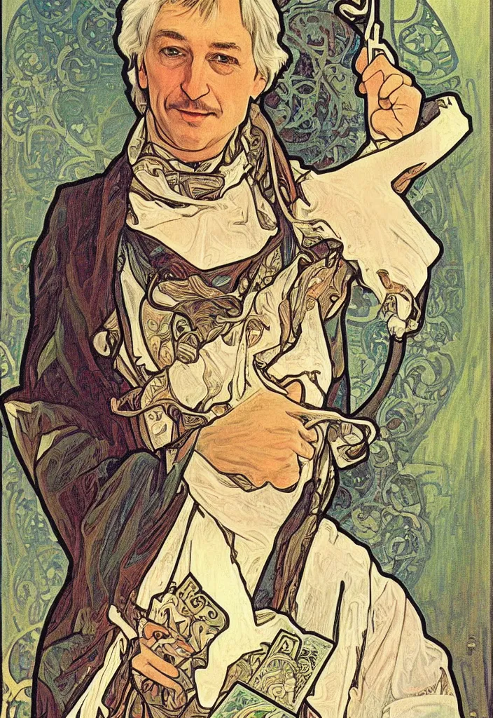 Image similar to realistic white - haired geoffrey hinton on a tarot card, tarot in art style by alphonse mucha