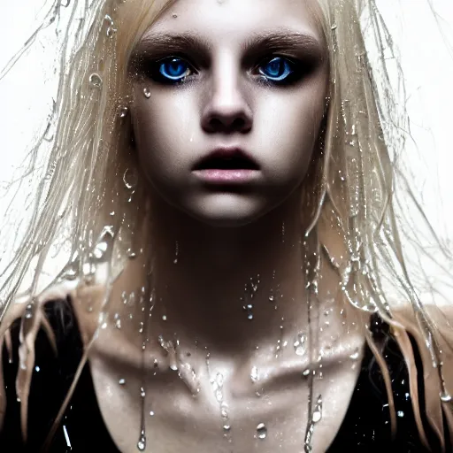 Image similar to A gorgeous blonde, grungy, unkept hair, glowing eyes, modelsociety, wet from rain, radiant skin, huge anime eyes, bright on black, dramatic, studio lighting, perfect face, intricate, Sony a7R IV, symmetric balance, polarizing filter, Photolab, Lightroom, 4K, Dolby Vision, Photography Award