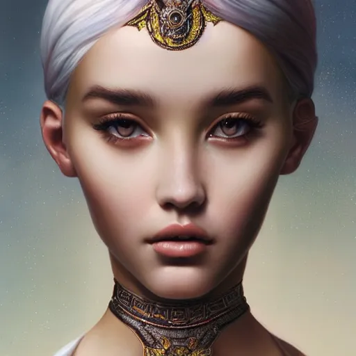 Image similar to tom bagshaw portrait, beautiful asian mix of dove cameron madison beer bella poarch in a full dress body, etheral makeup, ornamentals, professionally retouched, focus eyes, ultra realistic soft painting, insanely detailed linework, symmetrical accurate intricate features, behance, 8 k