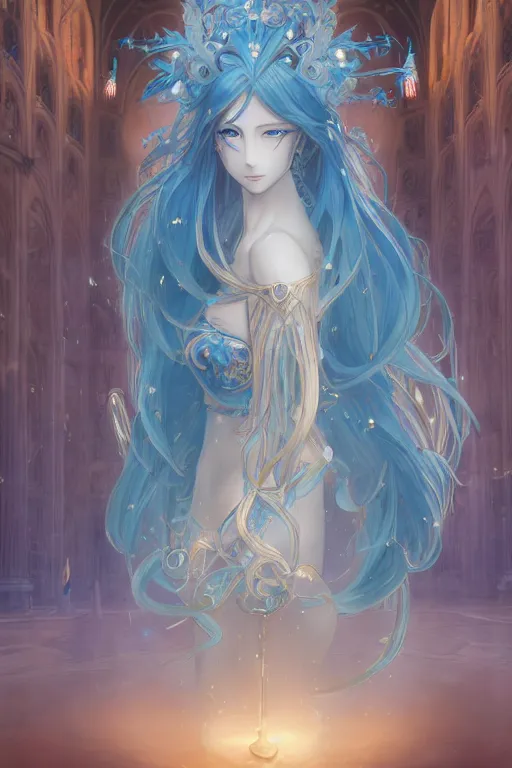 Image similar to breathtaking detailed anime painting of a knight queen with long flowing blue hair, pastel flower petals flying, at dawn in front of a pristine golden art nouveau cathedral, art by pilyeon, elegant, volumetric lighting, highly detailed, artstation, concept art, matte, sharp focus,