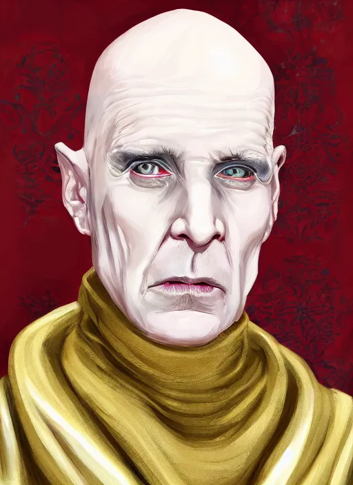 Image similar to a bald pale ninety year old sorcerer. stately and dour. eyeliner accentuates his sunken eyes. a high black turtleneck. opulent white golden red robe. white leather gloves with gold decoration, sharp focus, a downcast shadow, his hands crossed in front of his displeased face, illustration, digital painting, art by magali villeneuve