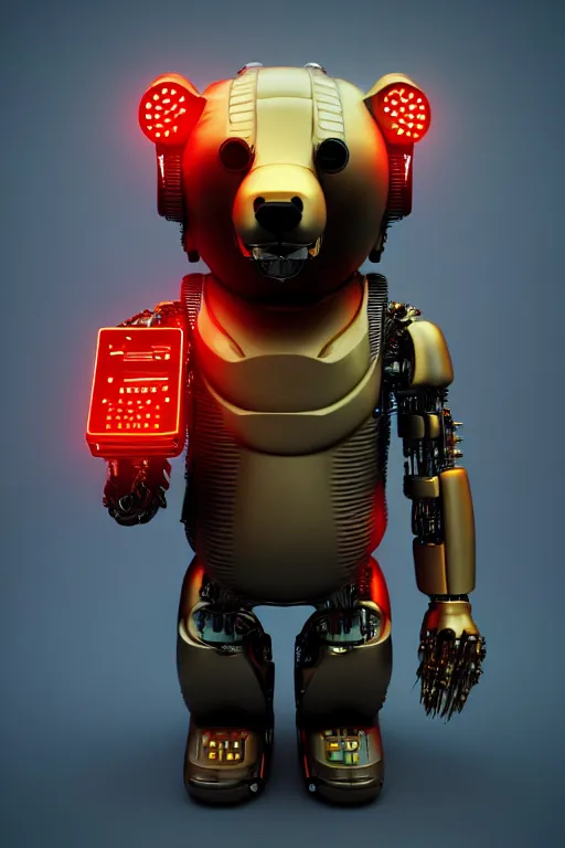 Image similar to high quality 3 d render cyborg bear! plays a cyberpun guitar, cyberpunk highly detailed, unreal engine cinematic smooth, in the style of blade runner, hannah yata charlie immer, moody light, low angle, uhd 8 k, sharp focus