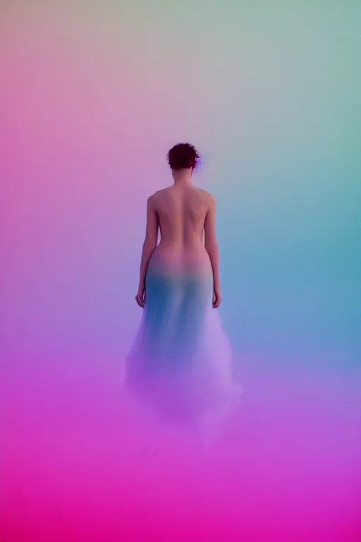 Image similar to high quality pastel coloured film close up wide angle photograph of a model wearing clothing swimming on cloud furniture in a icelandic black rock!! environment in a partially haze filled dreamstate world. three point light, rainbow. photographic production. art directed. pastel colours. volumetric clouds. pastel gradient overlay. waves glitch artefacts. extreme facial clarity. 8 k. filmic.