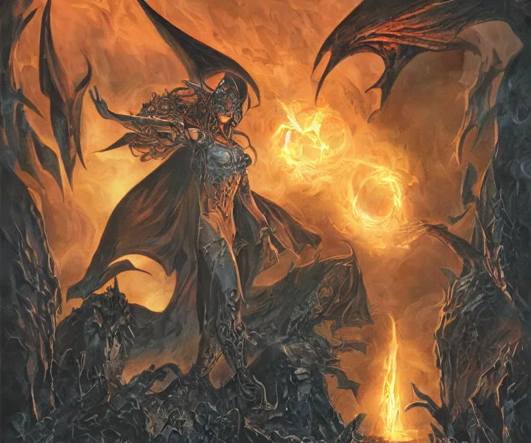 Prompt: sorceress summoning the infernal bat, near ancient ornate alchemic door, mtg illustration by zoltan boros