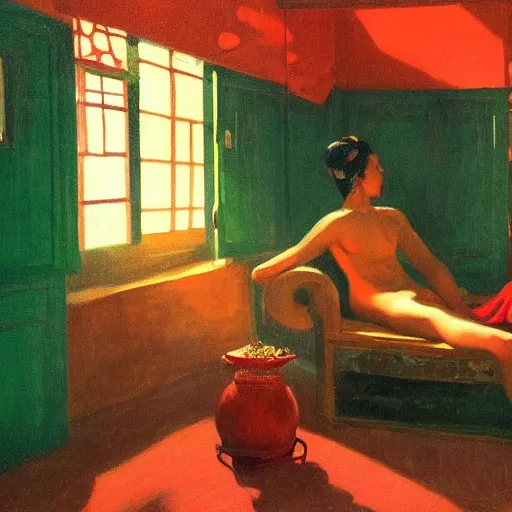 Image similar to a red-opium den in the ornate indian village by Raphael, Hopper, and Rene Magritte. detailed, romantic, enchanting, trending on artstation.