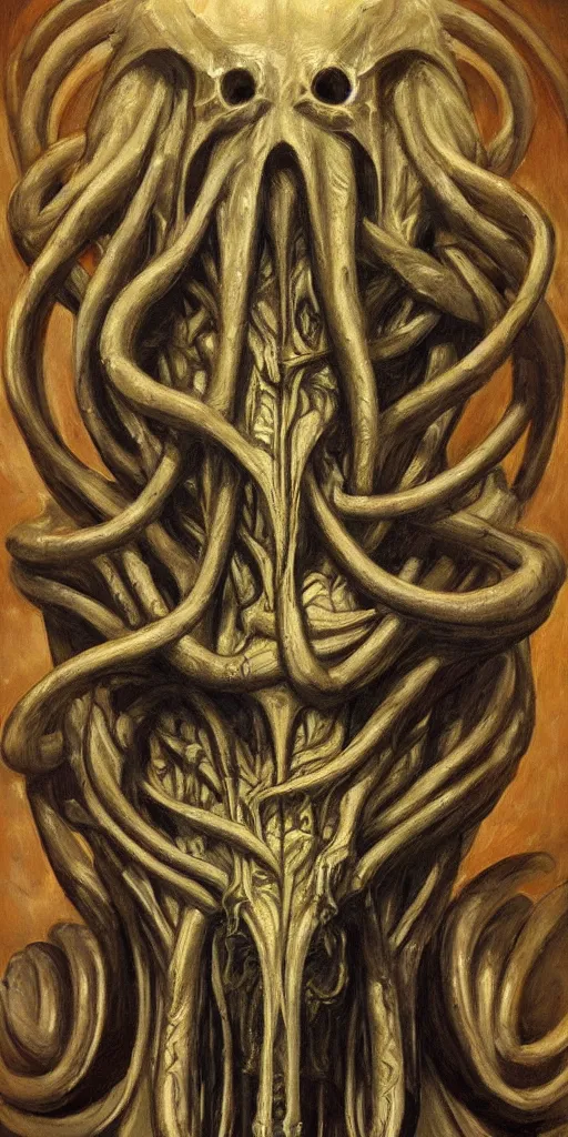 Prompt: a stunning and noble highly detailed portrait of cthulhu by h. r giger and edward hopper, trending on artstation, oil painting masterpiece, symmetry, mysterious, very very very aesthetic