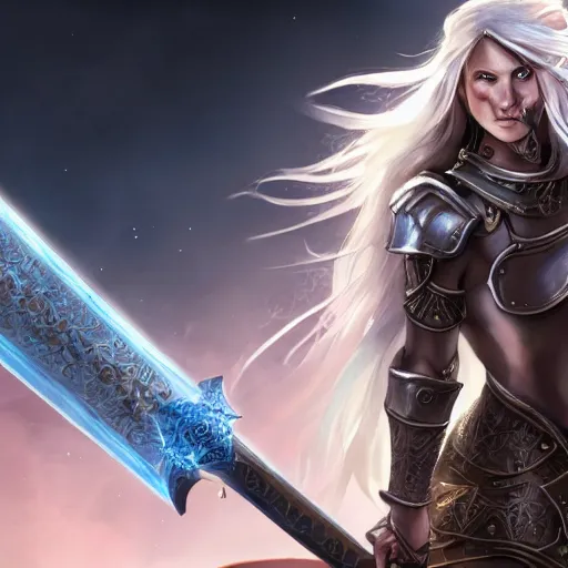 Prompt: a medieval fantasy warrior woman paladin, pretty face, wearing armor, holding a sword in front of her with long white radiant hair, excellent lighting and clear imagine, 4 k, cinematic, perfect face