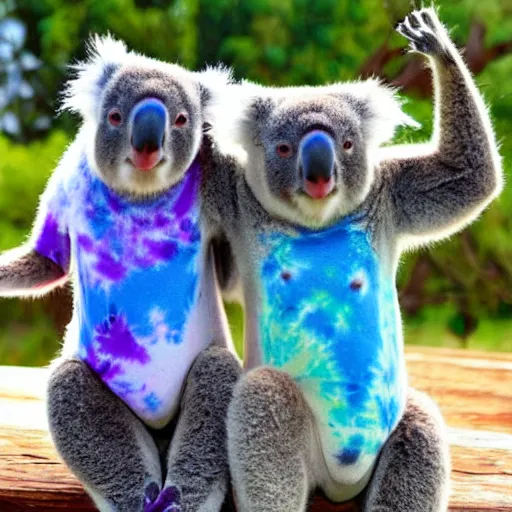 Image similar to two koalas wearing tie dye shirts