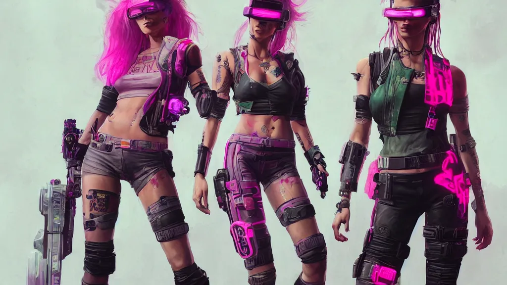 Image similar to A female cyberpunk character concept art from Cyberpunk 2077, pink Mohawk, futuristic virtual reality goggles, 1980s vest, torn shorts, by Stanley Artgerm Lau, WLOP, Rossdraws, James Jean, Andrei Riabovitchev, Marc Simonetti, and Sakimichan, trending on artstation