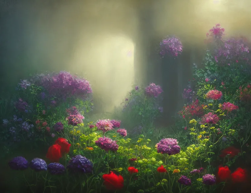 Prompt: amorphous, gooey life form consuming a cottage garden in a beautiful foggy morning. oil painting, indie concept art, bloom, chiaroscuro, backlighting, intricate details, depth of field.