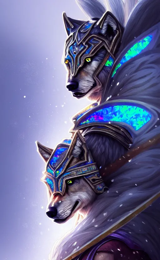 Image similar to iridescent opal ninja warrior, wolf armor, winter, morandi color scheme, hd, illustration, epic, d & d, fantasy, intricate, elegant, highly detailed, wide angle, digital painting, artstation, concept art, smooth, sharp focus, illustration, wallpaper, art by artgerm and greg rutkowski and alphonse mucha and jin xiaodi