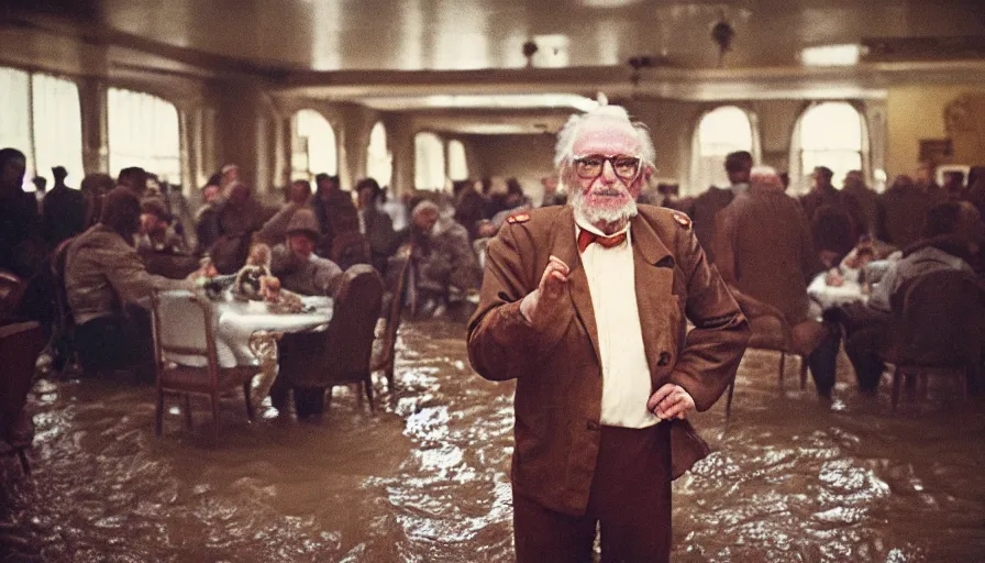 Image similar to 7 0 s movie still of an old manstanding in a soviet stalinist style ballroom flooded in mud, cinestill 8 0 0 t 3 5 mm eastmancolor, heavy grain, high quality, high detail