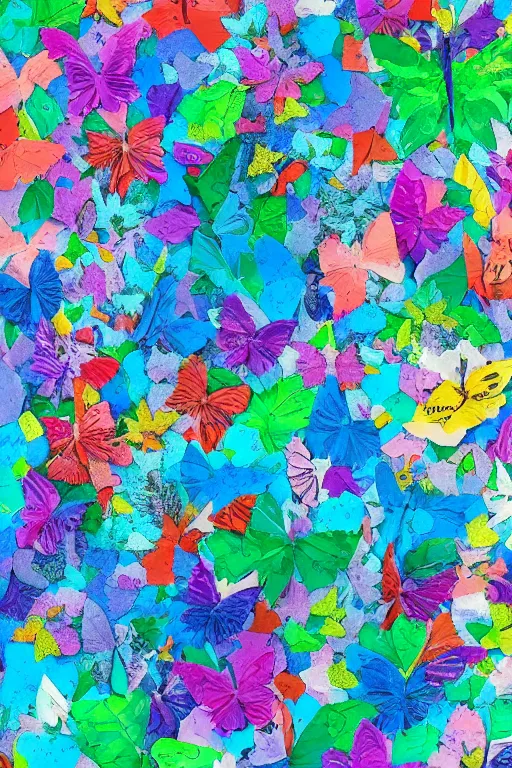 Image similar to detailed illustration, a confetti background, collage, may gibbs, layered composition, layers, texture, textured, layered, sculpted, dynamic, 🦋, 🎈,