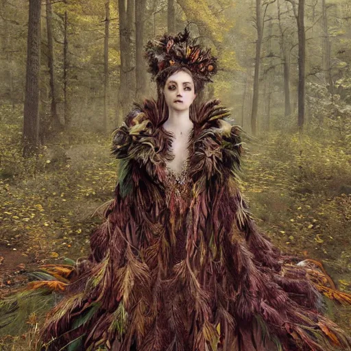 Prompt: real photoshoot queen of forest, wearing a full feathered cloak and a fancy 🍂🌾🍂🍁 silk floral dress, ornate, ultra realistic, concept art, intricate details, eerie, highly detailed, photorealistic, octane render, 8 k, wlop. art by artgerm and greg rutkowski and charlie bowater and magali villeneuve and gustav klimt