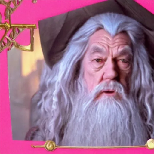 Image similar to portrait of gandalf wearing a large pink hair bow, holding a blank playing card up to the camera, movie still from the lord of the rings