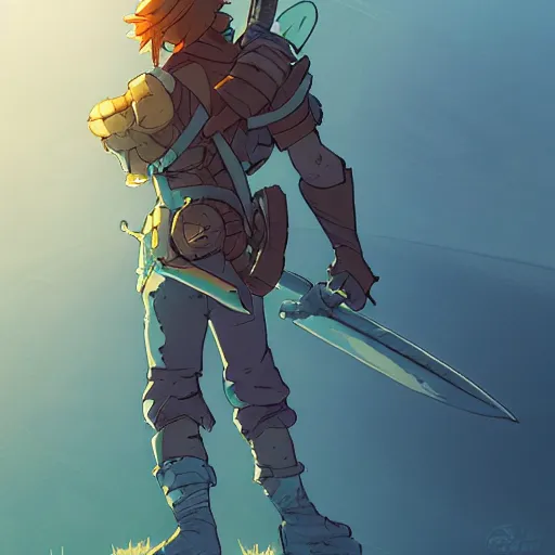 Image similar to cell shaded cartoon, warrior watching the sunrise over a battlefield,, illustration, wide shot, subtle colors, concept art by josan gonzales and wlop, laurie greasley, jordan grimmer and james jean, highly detailed, sharp focus, trending on artstation, hq, deviantart, art by artgem, in the style of breath of the wild