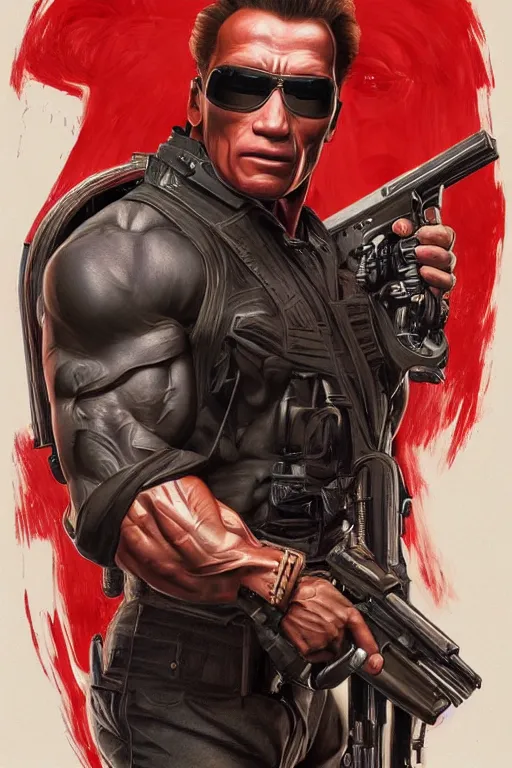 Prompt: beautiful cottagecore arnold schwarzenegger as terminator holding a pump action shotgun, red bionic eye, dark forest, intricate, elegant, highly detailed, digital painting, artstation, concept art, smooth, sharp, focus, illustration, art by artgerm and greg rutkowski and alphonse mucha