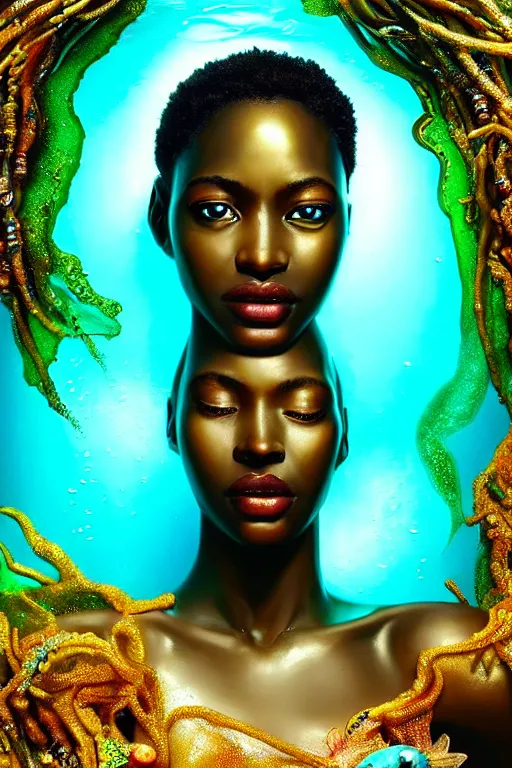 Image similar to hyperrealistic cinematic very expressive! translucent!! african goddess, full body, underwater scene with fish and algae, gold jewerly, highly detailed face, digital art masterpiece, eric zener cam de leon, dramatic pearlescent turquoise light on one side, long shot, low angle uhd 8 k, shallow depth of field