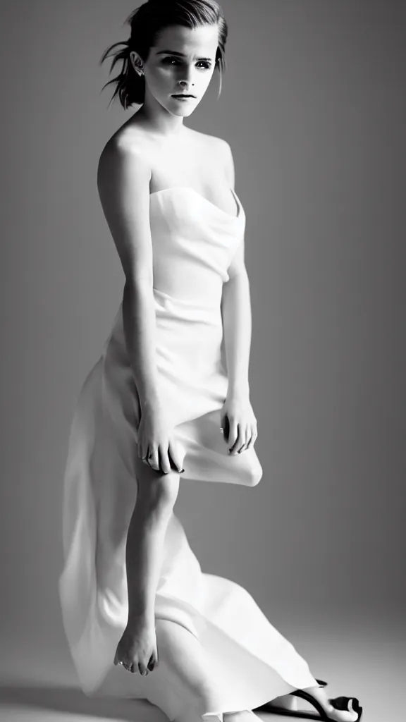 Image similar to an extremely beautiful studio photo of emma watson wearing open toe high heels and wearing a white dress, in a white room, pale skin, bokeh, very very very beautiful!, hard focus, full body shot, 9 0 mm, f / 1. 4