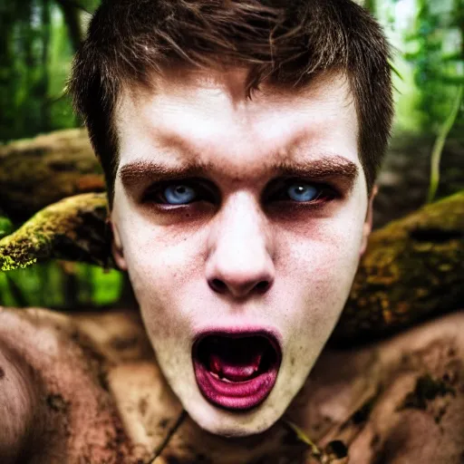 Prompt: macro face shot, teenage boy, around 1 9 years old with necklace, natural brown hair, loincloth, pale skin, detailed face. screaming in ominous and eerie looking forest. natural colors. realistic photo.