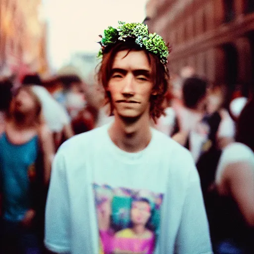 Image similar to close up kodak portra 4 0 0 photograph of a skinny guy standing in crowd, flower crown, moody lighting, telephoto, 9 0 s vibe, blurry background, vaporwave colors, faded!,