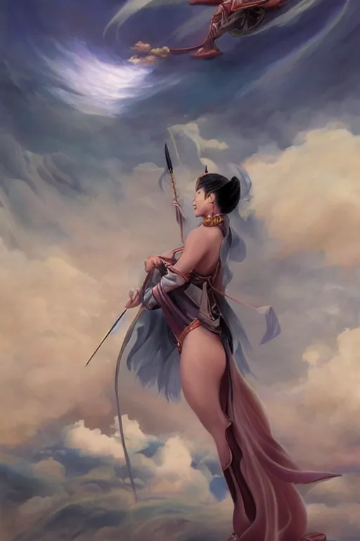 Image similar to a beautiful Japanese female wizard standing on a cloud, style of Boris Vallejo and Frank Frazetta, hyper realistic, very detailed, fantasy art, matte painting, trending on artstation and deviantart