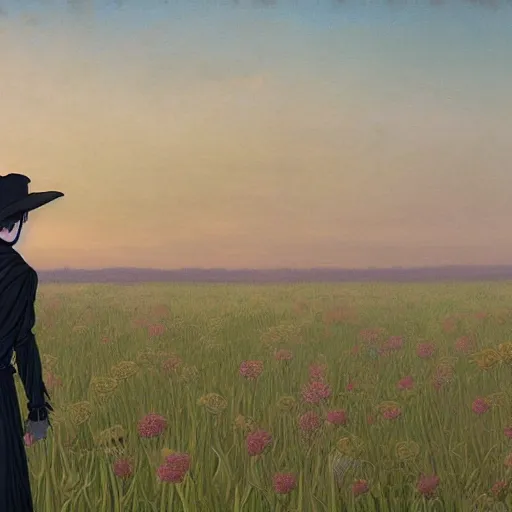 Prompt: gorgeous wide shot digital painting of goth Tom Sturridge as Dream of the Endless standing in a field at dawn by Charles Vess and Mike Dringenberg