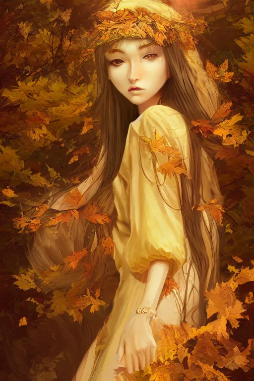 Image similar to The goddess of autumn harvest, tranquility, beautiful face, long hair, wearing wheat yellow gauze, comic style, virtual engine, 3D, sense of atmosphere, goddess, by wlop