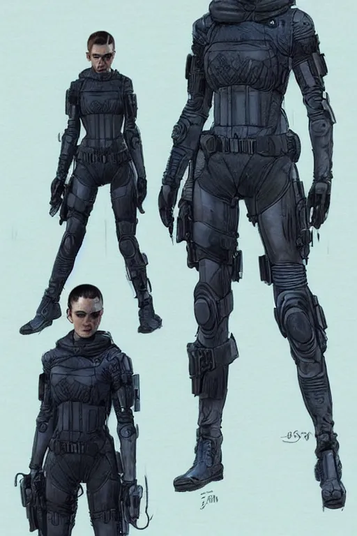 Image similar to selina. blackops mercenary in near future tactical gear, stealth suit, and cyberpunk headset. Blade Runner 2049. concept art by James Gurney and Mœbius.