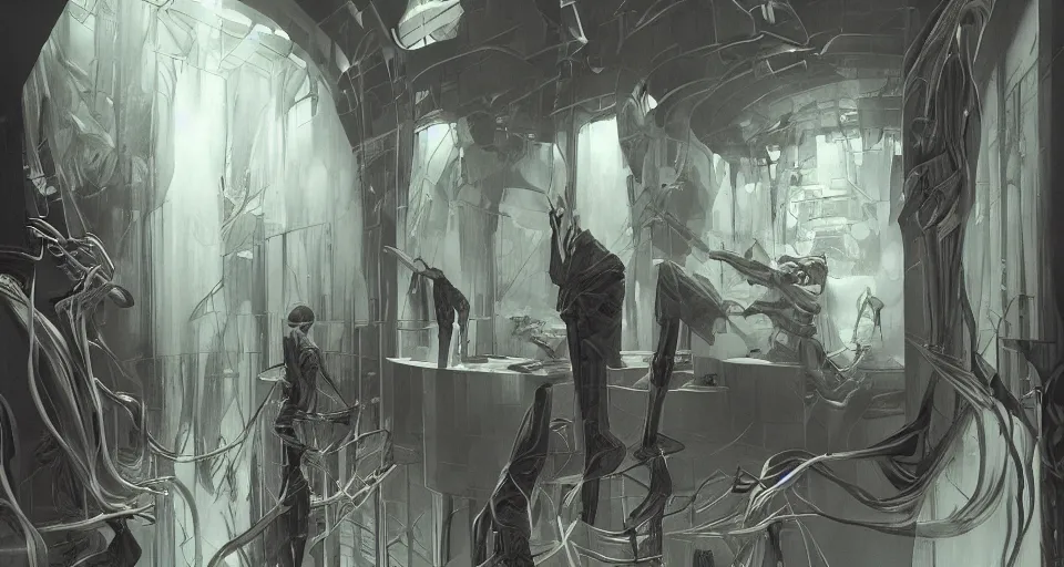 Prompt: a liminal space, creepy, eerie and strange, concept art by artgerm, syd mead and frank lloyd wright