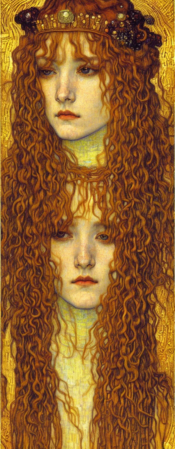 Image similar to detailed realistic beautiful young medieval queen face portrait by jean delville, gustav klimt and vincent van gogh, art nouveau, symbolist, visionary, gothic, pre - raphaelite, muted earthy colors, desaturated