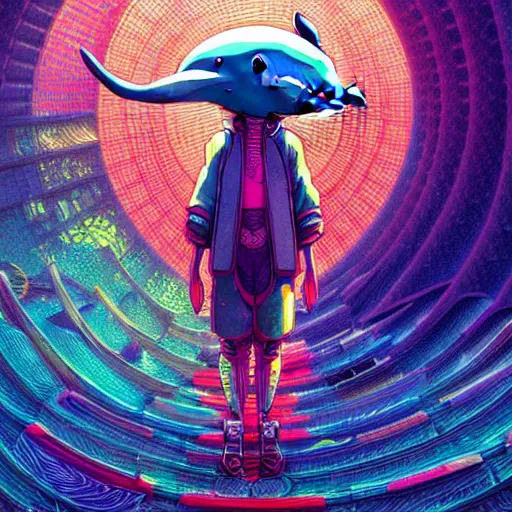 Image similar to a beautiful hyperdetailed character design 4 k wallpaper illustration of a cute dolphin, victo ngai cyberpunk style, from china, style of studio ghibli, makoto shinkai, raphael lacoste, louis comfort tiffany, artgerm, james jean, ross tran, chinese style