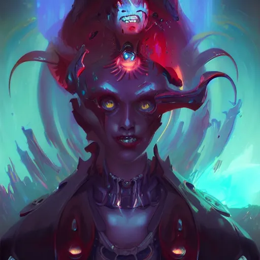 Prompt: a portrait of a beautiful android demonic duchess of hell, cyberpunk concept art by pete mohrbacher and wlop and artgerm and josan gonzales, digital art