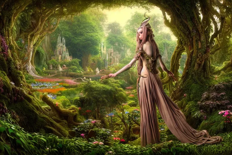 Image similar to a beautiful and highly detailed matte painting of an elven princess in beautiful garden in a mystical forest, psychedelic patterns, celtic designs, intricate details, epic scale, insanely complex, 8 k, sharp focus, photorealism, artstation, cgsociety, by caspar friedrich, albert bierstadt, james gurney, brian froud,