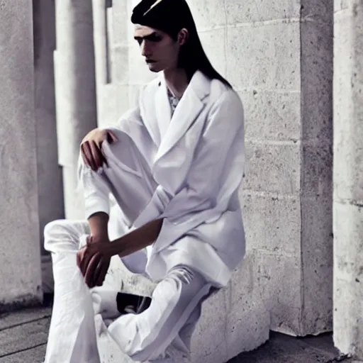 Image similar to kitsch fashion, androgynous people in white clothes, new age, vogue