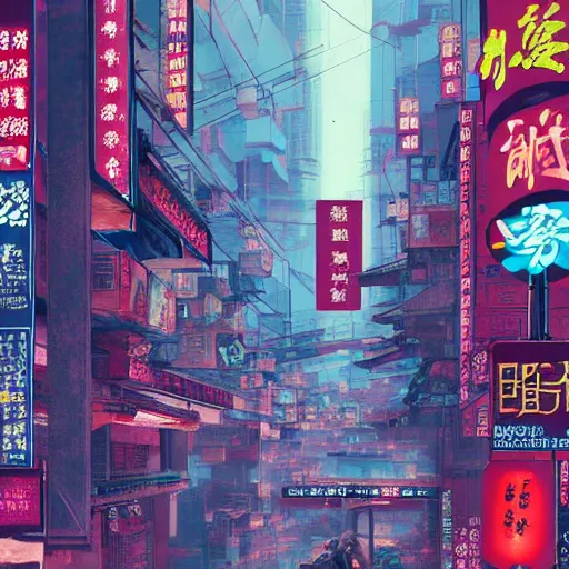 Image similar to oriental painting of cyberpunk hong kong in the year 2 0 4 7