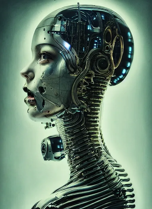 Image similar to a young beautiful female cyborg profile face, by h. r. giger, by ismail inceoglu, by kiki smith, glamor shot, vintage, closeup, f / 2. 8, low contrast, 1 6 k, rim lighting, cinematic lighting, insanely detailed and intricate, hypermaximalist, elegant, ornate, hyper realistic, super detailed