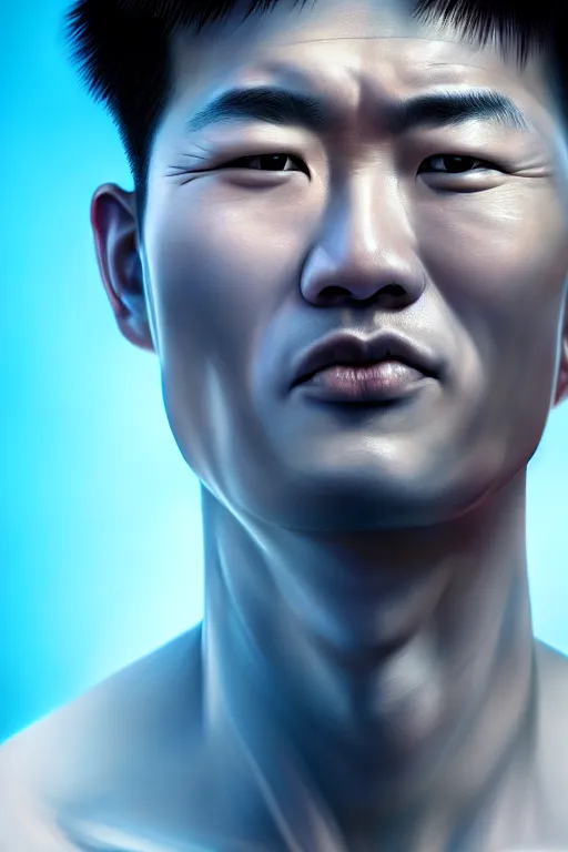 Image similar to hyperrealistic close-up very expressive biomechanic chinese man highly detailed concept art eric zener elson peter cinematic blue lighting high angle hd 8k sharp shallow depth of field