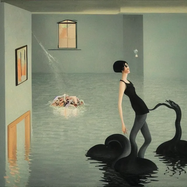 Image similar to tall female emo artist in her flooded kitchen, water gushing from ceiling, painting of flood waters inside an artist's home, a river flooding indoors, pomegranates, pigs, ikebana, zen, water, octopus, river, rapids, waterfall, black swans, canoe, berries, zen, acrylic on canvas, surrealist, by magritte and monet