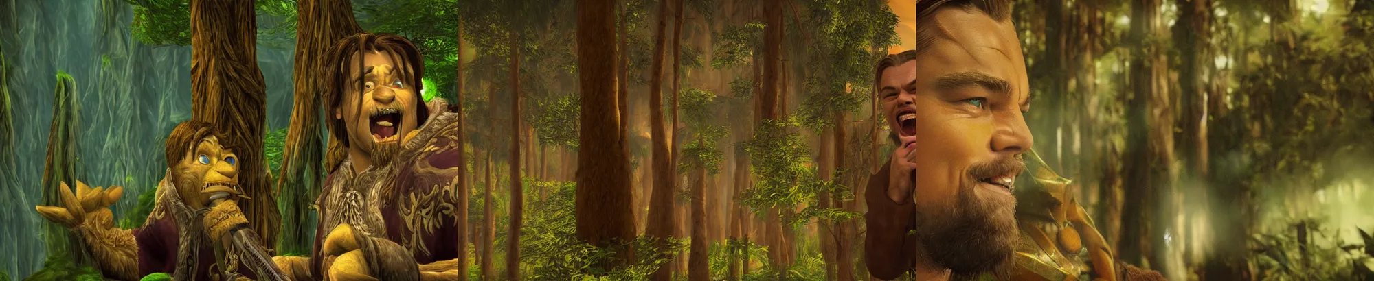 Prompt: close up picture of leonardo dicaprio singing a song inside of warcraft elwynn forest, pc screen image.
