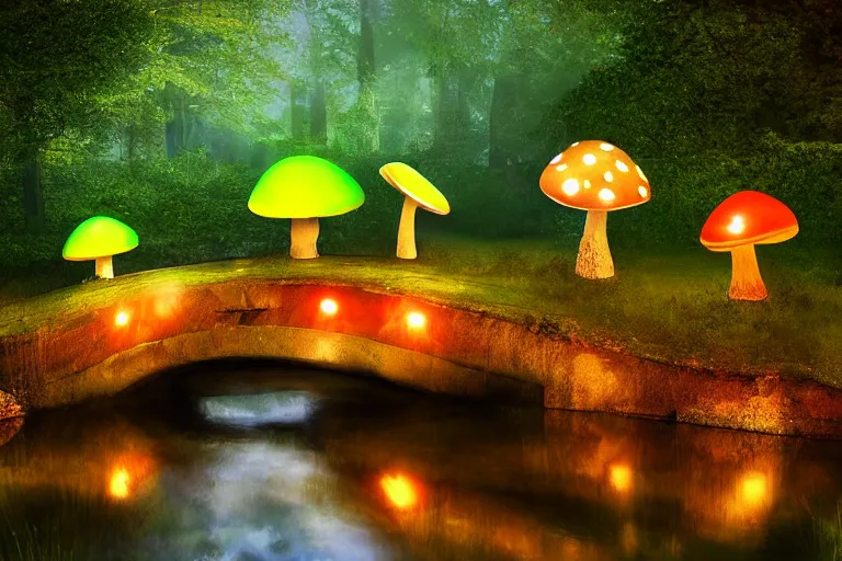 Image similar to giant mushrooms with lights next to a small bridge, flowing water, digital art, scenic,